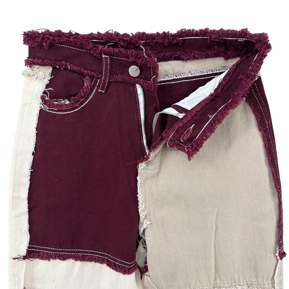 Empty Soda Patchwork Jeans Womens Maroon White Tan Denim Size S - Picture 5 of 11